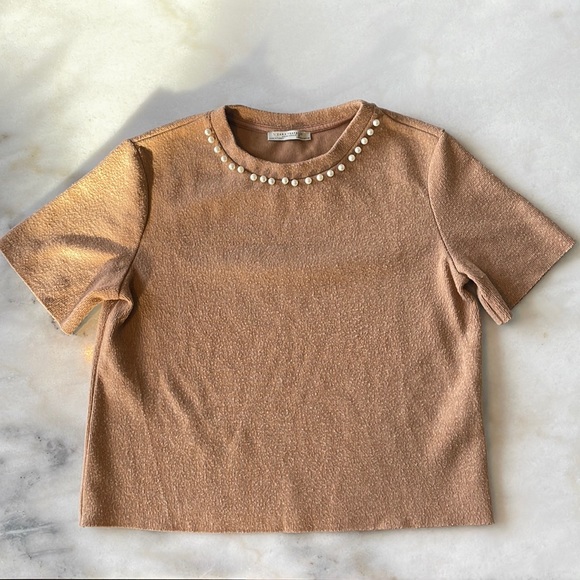 Zara Pearl Neck Cropped Sweater